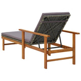 NNEVL Sun Lounger with Cushion Poly Rattan and Solid Acacia Wood Grey