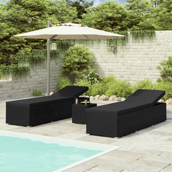 NNEVL 3 Piece Garden Sun Loungers with Tea Table Poly Rattan Black