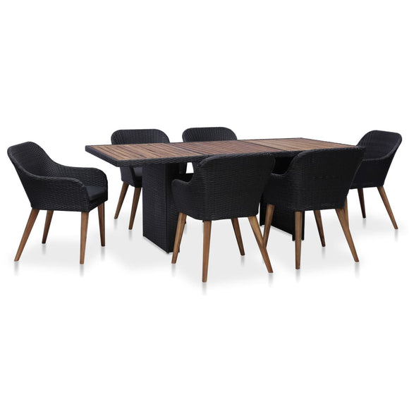NNEVL 7 Piece Outdoor Dining Set with Cushions Poly Rattan Black