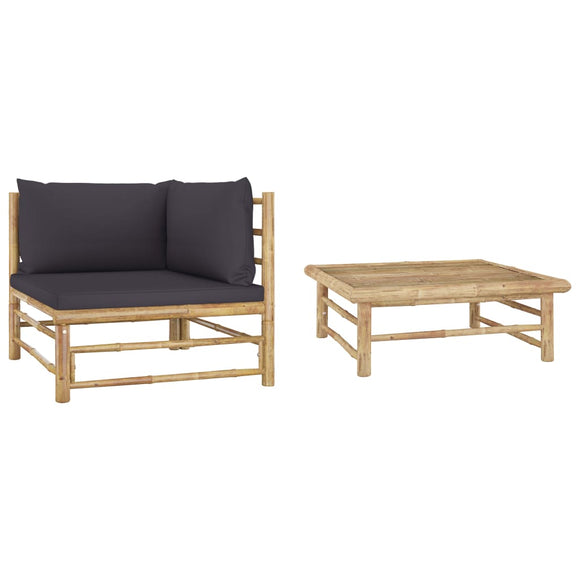 NNEVL 2 Piece Garden Lounge Set with Dark Grey Cushions Bamboo