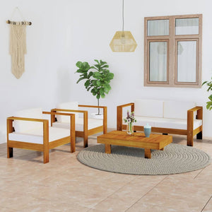 NNEVL 4 Piece Garden Lounge Set with Cream White Cushions Acacia Wood
