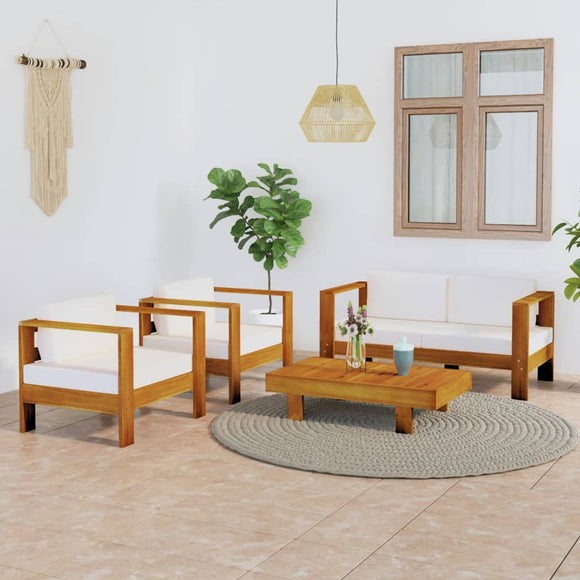 NNEVL 4 Piece Garden Lounge Set with Cream White Cushions Acacia Wood