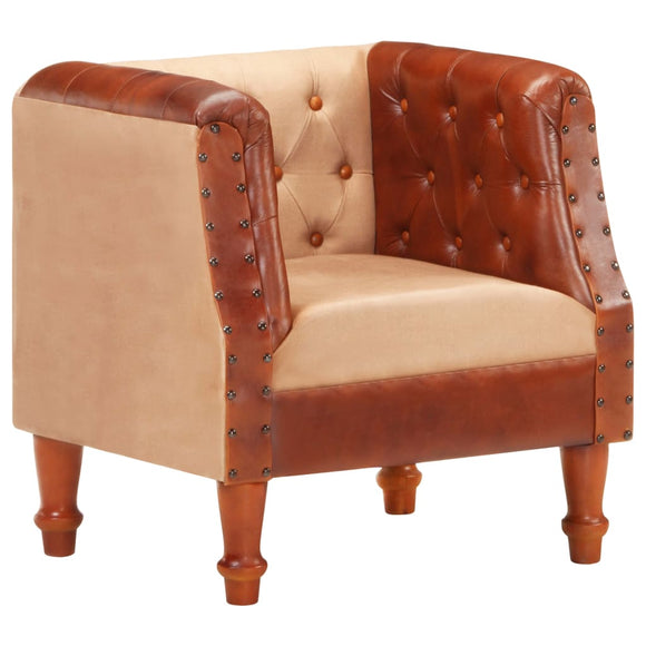 NNEVL Tub Chair Brown Real Leather and Solid Mango Wood