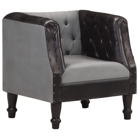 NNEVL Tub Chair Black Real Leather and Solid Mango Wood