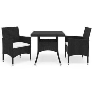 NNEVL 3 Piece Garden Dining Set Black Poly Rattan and Glass