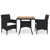 NNEVL 3 Piece Garden Dining Set Black Poly Rattan and Acacia Wood