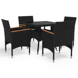 NNEVL 5 Piece Garden Dining Set Black Poly Rattan and Acacia Wood