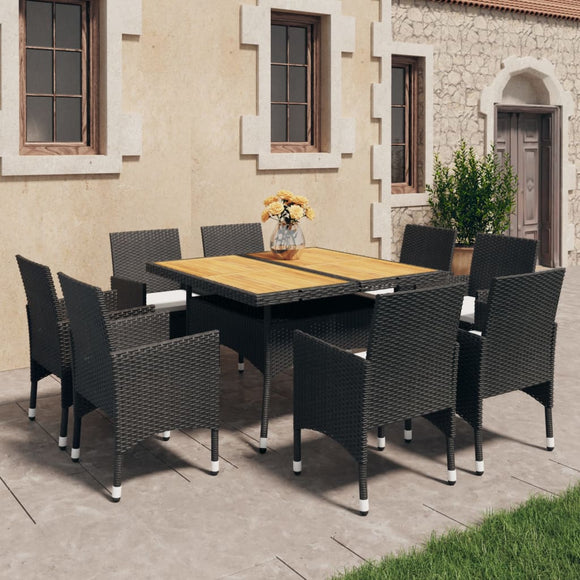 NNEVL 9 Piece Garden Dining Set Poly Rattan and Acacia Wood Black