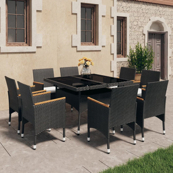 NNEVL 9 Piece Garden Dining Set Poly Rattan and Acacia Wood Black