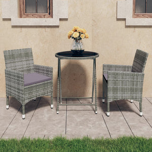 NNEVL 3 Piece Garden Bistro Set Poly Rattan and Tempered Glass Grey