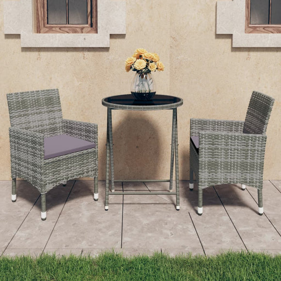 NNEVL 3 Piece Garden Bistro Set Poly Rattan and Tempered Glass Grey