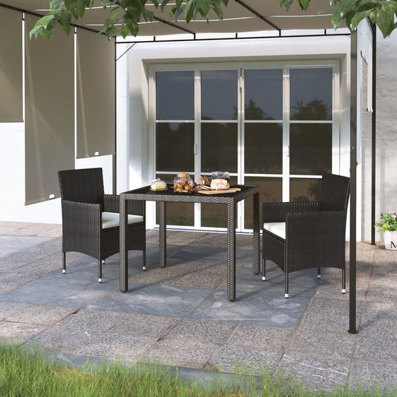 NNEVL 3 Piece Garden Dining Set Poly Rattan and Tempered Glass Black
