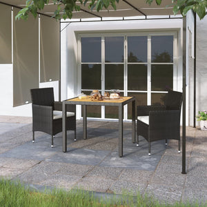 NNEVL 3 Piece Garden Dining Set Poly Rattan & Solid Acacia Wood Black