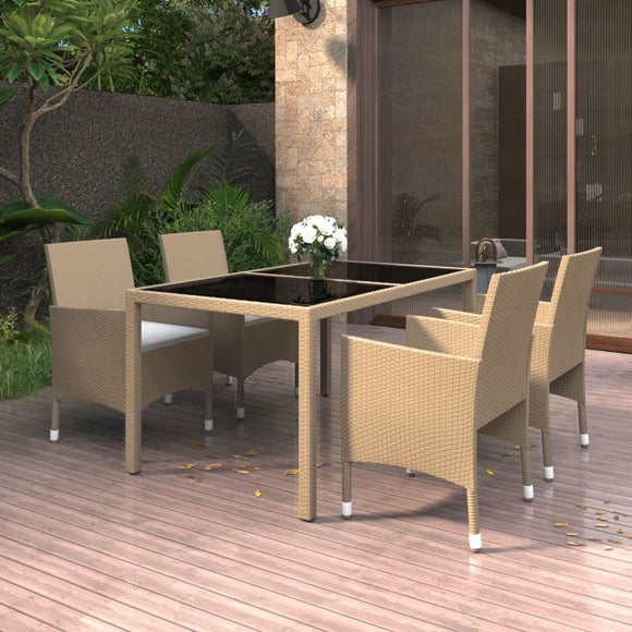 NNEVL 5 Piece Garden Dining Set Poly Rattan and Tempered Glass Beige