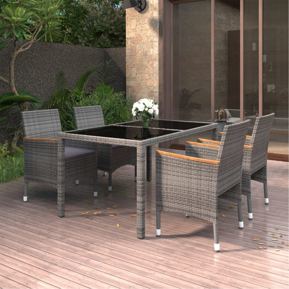 NNEVL 5 Piece Garden Dining Set Poly Rattan and Tempered Glass Grey