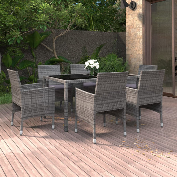 NNEVL 7 Piece Garden Dining Set Poly Rattan and Tempered Glass Grey