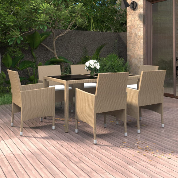 NNEVL 7 Piece Garden Dining Set Poly Rattan and Tempered Glass Beige