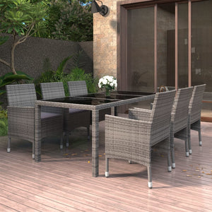 NNEVL 7 Piece Garden Dining Set Poly Rattan and Tempered Glass Grey