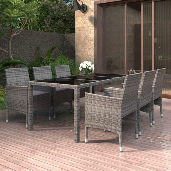 NNEVL 7 Piece Garden Dining Set Poly Rattan and Tempered Glass Grey