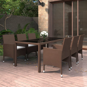 NNEVL 7 Piece Garden Dining Set Poly Rattan and Tempered Glass Brown