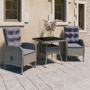 NNEVL 3 Piece Garden Dining Set Poly Rattan and Glass Grey
