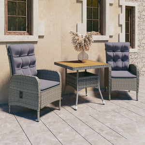 NNEVL 3 Piece Garden Dining Set Poly Rattan and Acacia Wood Grey