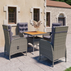NNEVL 5 Piece Garden Dining Set Poly Rattan and Acacia Wood Grey