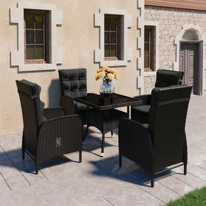 NNEVL 5 Piece Garden Dining Set Poly Rattan and Glass Black