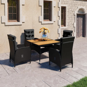 NNEVL 5 Piece Garden Dining Set Poly Rattan and Acacia Wood Black