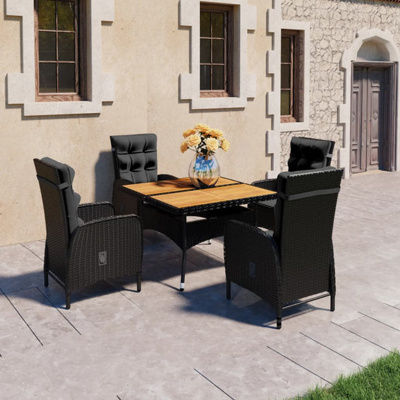 NNEVL 5 Piece Garden Dining Set Poly Rattan and Acacia Wood Black