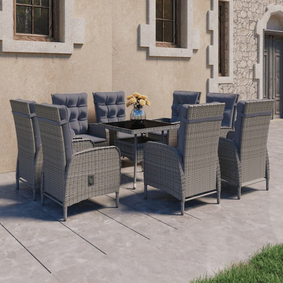 NNEVL 9 Piece Garden Dining Set Poly Rattan and Glass Grey