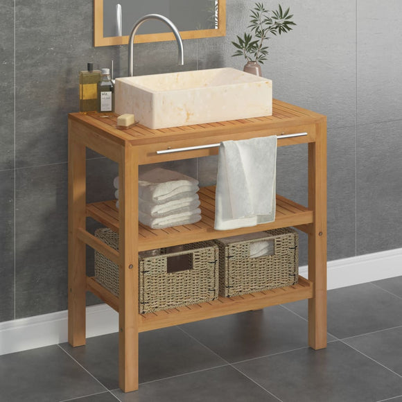 NNEVL Bathroom Vanity Cabinet Solid Teak with Sink Marble Cream