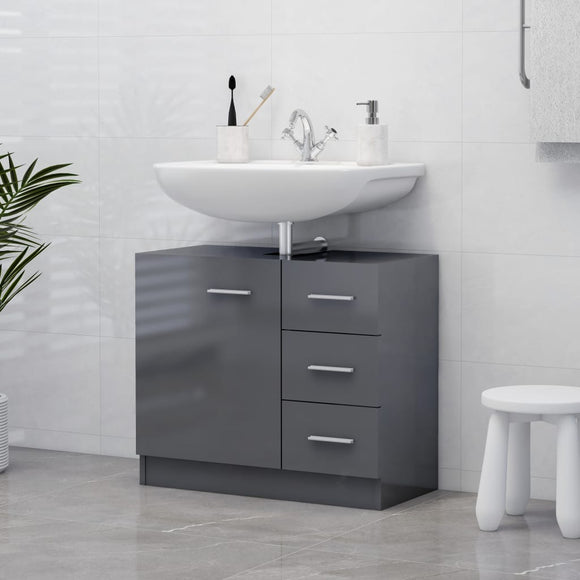 NNEVL Sink Cabinet High Gloss Grey 63x30x54 cm Chipboard