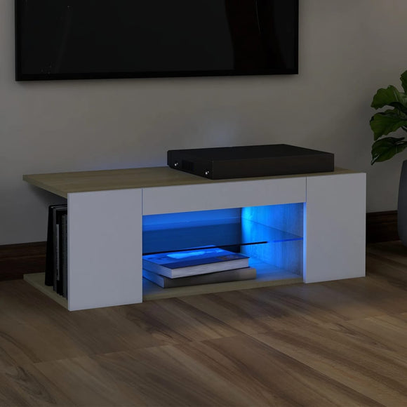 NNEVL TV Cabinet with LED Lights White and Sonoma Oak 90x39x30 cm