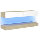 NNEVL TV Cabinet with LED Lights White and Sonoma Oak 120x35 cm