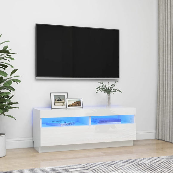 NNEVL TV Cabinet with LED Lights High Gloss White 100x35x40 cm
