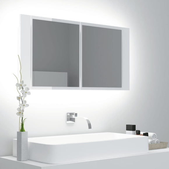 NNEVL LED Bathroom Mirror Cabinet High Gloss White 90x12x45 cm