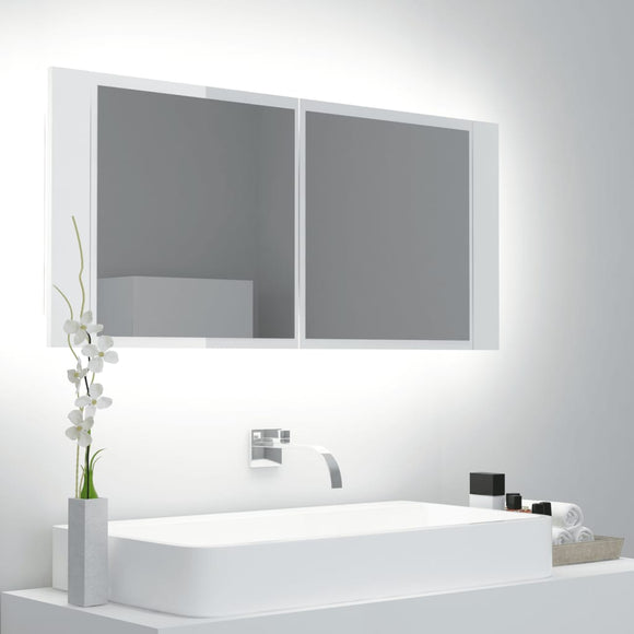 NNEVL LED Bathroom Mirror Cabinet High Gloss White 100x12x45cm