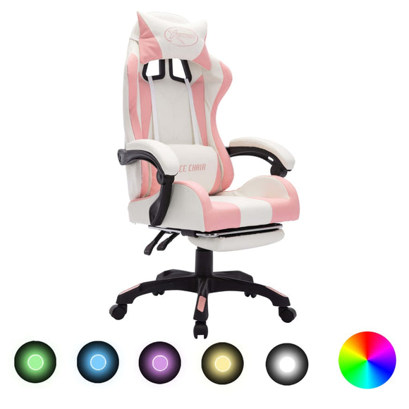 NNEVL Racing Chair with RGB LED Lights Pink and White Faux Leather