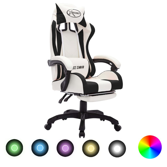NNEVL Racing Chair with RGB LED Lights Black and White Faux Leather