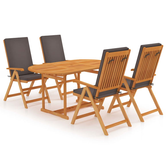 NNEVL 5 Piece Garden Dining Set with Grey Cushions Solid Teak Wood
