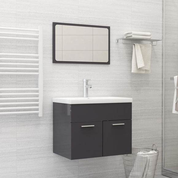 NNEVL 2 Piece Bathroom Furniture Set High Gloss Grey Chipboard