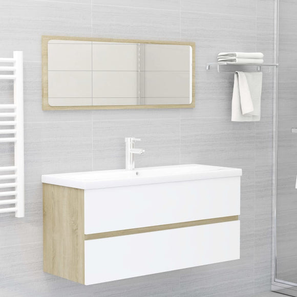 NNEVL 2 Piece Bathroom Furniture Set White and Sonoma Oak Chipboard