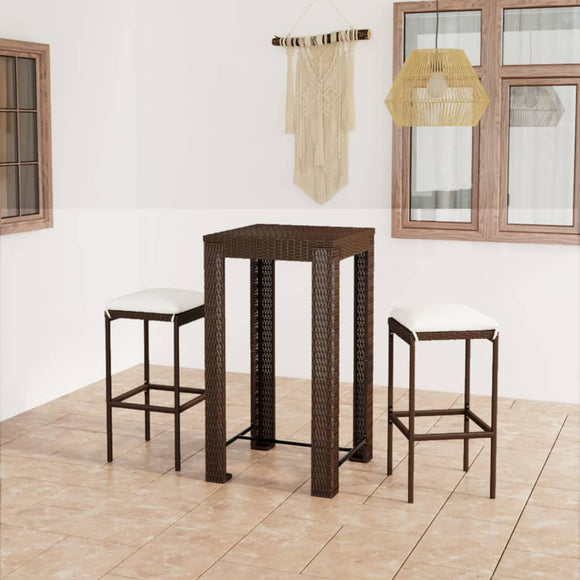 NNEVL 3 Piece Garden Bar Set with Cushions Poly Rattan Brown