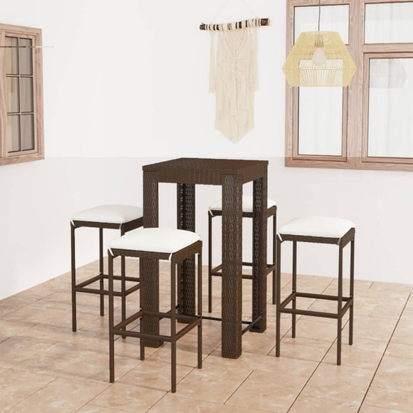 NNEVL 5 Piece Garden Bar Set with Cushions Poly Rattan Brown
