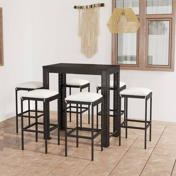 NNEVL 7 Piece Garden Bar Set with Cushions Poly Rattan Black
