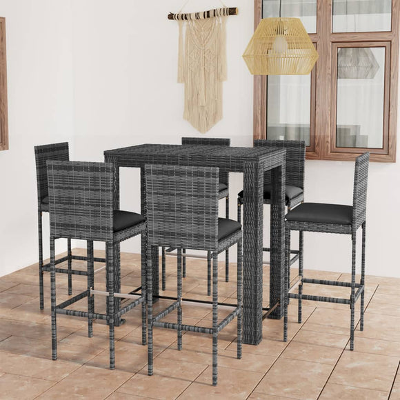 NNEVL 7 Piece Outdoor Bar Set with Cushions Poly Rattan Grey