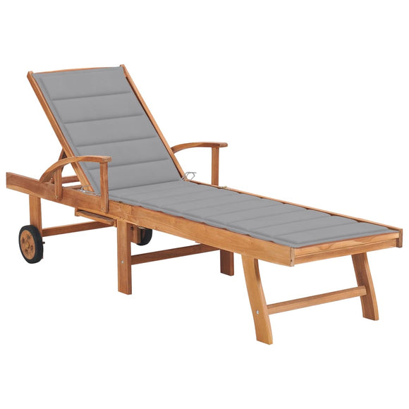 NNEVL Sun Lounger with Grey Cushion Solid Teak Wood