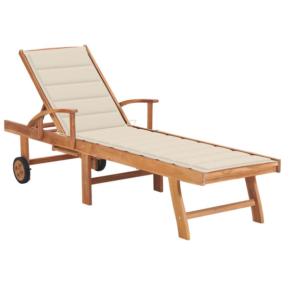 NNEVL Sun Lounger with Cream Cushion Solid Teak Wood