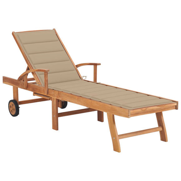 NNEVL Sun Lounger with Beige Cushion Solid Teak Wood